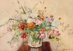 C. Horvath (20th century), A still life of mixed flowers in a glass jug, watercolour, signed and