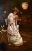 Early 20th century school, A lady in a kimono lighting Japanese lanterns in the garden, oil on