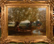 Gilbert Hall (19th century) British, A scene of an angler on a river with a distant view of a