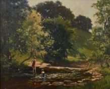 Cyril James Frost (1880-1971) British, A scene of two bathers in a woodland pool, oil on