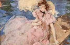 Continental school (late 19th/early 20th century) A scene of an elegant female holding a parasol, in