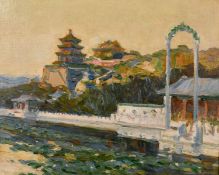 Early 20th century school, A river view with a pagoda and Temple beyond, oil on board,