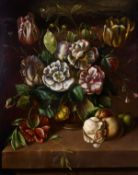 20th century, a still life of mixed flowers in a glass vase with a butterfly and insects, oil on