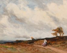 Joseph Vickers de Ville (1856-1925) British, figures on a path on a windy day, signed, oil on board,