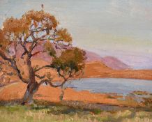 20th century school, A continental Coastal scene with a tree and wildflowers, oil on board, 8