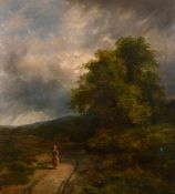 Adams, 19th century school, a mother and child on a country path, with trees and hills beyond, oil
