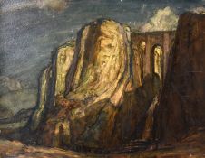 Sydney Dennant Moss (1885-1946) British, a night view of Ronda, Spain, with figures in the valley