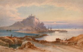 Thomas Hart, F.S.A. (fl.1865-1880 d.1886) British, A coastal scene of figures at St. Michael's Mount