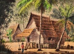 A. B. Ibrahim (1925-1977) Malaysian, figures and chickens before a traditional house on stilts,