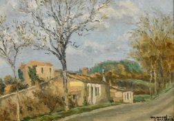 Early 20th century French school, A village scene with a tree lined road, oil on panel, indistinctly