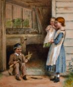 George Goodwin Kilburn (1939-1924) British, a scene of three young children outside a workshop,