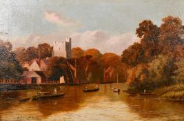 A. Chegwidden, circa 1917, Barges on a river with a castle by a quay, oil on canvas, signed and