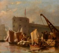 Attributed to William Anderson (1757-1837). Figures unloading a barge, canvas laid down on oak