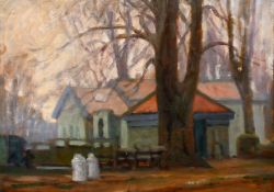 John Brown (1887-1966) British, A view of buildings from amongst trees, oil on panel, signed with