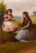 Frank Turner (19th century) British, girls seated with wildflowers in a landscape, oil on board,
