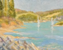 20th century, Sailboats in a coastal inlet with cottages beyond, oil on board 16
