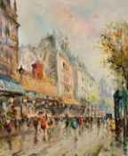 Joseph Giordano (b. 1935), A busy Parisian street scene featuring the Moulin Rouge Theatre, oil on