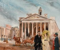 R. Fowler (20th century) British, elegant figures promenading beside a horse and carriage with