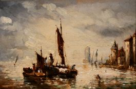 Early 20th century continental school, A scene of boats moored by a quay with a town beyond, oil
