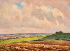 Henry Samuel Meritt (1884-1963) British, A distant view of farmland and rolling hills, oil on board,