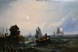 William Adolphus Knell (1805-1875) British, a rowing boat leaving Port under moonlight with sail