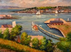 L. Davens, 20th century, A scene of boats sailing in a coastal inlet with a town beyond, oil on
