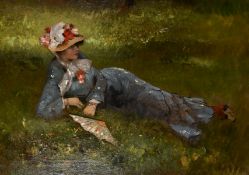 Octave Alfred Saunier (1842-1889) French, and elegant lady relaxing in the garden amongst