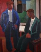 Mid 20th century British school, Two workman drinking in an interior, oil on canvas, 36