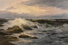 Edgar Fryberg (b.1927) German, a scene of waves breaking over a rocky coastline, oil on canvas,