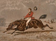 'Too Fast To Last' A print of a horse riding scene, chromolithograph, signed and inscribed l.l., l.