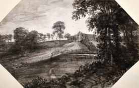 Circle of William Gilpin (Late 18th century), A landscape with a ruin beyond, dark grey wash,