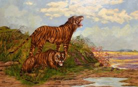 20th century school, Two tigers by a watering hole in a colourful savannah landscape, oil on canvas,