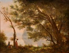 Follower of Corot, Figures foraging in a woodland setting, oil on panel, bears signature, 7.5