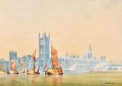 N. Mackie (20th century) British, The Houses of parliament with barges in the foreground,