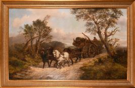 Alexis de Leuuw (1822-1900) Belgium, figures with a horse and cart carrying logs on a country path