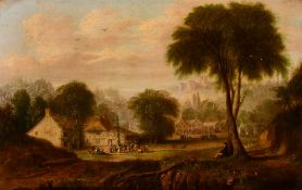 Abel Hold (1815-1891) British, The village f te with an artist in the foreground and a castle