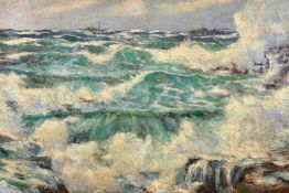 William Thornton Brocklebank (1882-1970) British, waves breaking on a rocky coastline with