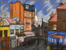 20th century school, 'Montmartre, Paris', A street scene of the Basilica of the Sacre-Coeur in the