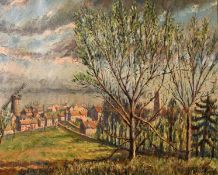 Karl Hagedorn (1889-1969) British, A study of trees in the landscape with buildings and a Windmill