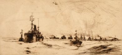 F. H. Mason (1875-1965) British, A Maritime scene of a flotilla of warships on calm waters, etching,