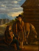 19th century, possibly American?, Family figures and a horse by timber buildings with mountains