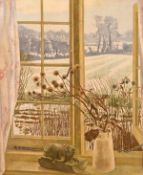 After John Nash (1893-1977) British, A still life of flowers in a vase with a cow ornament on a