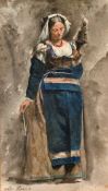 19th Century European School. A Lady in Traditional Costume, Watercolour, Signed Indistinctly, 10
