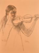 Zsuzsi Roboz (1929-2016) Hungarian, A portrait of Viktoria Mullova the violinist at rehearsal,