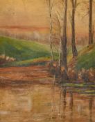 R. L. Baker (early 20th century) A lakeside view at dusk with reflections in the water, oil on