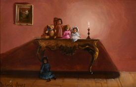 Deborah Jones (1921-2012) British, An interior scene with teddy bears and dolls sat on console table