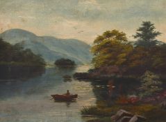 19th century British school, a scenic lake landscape with a figure rowing a boat and mountains