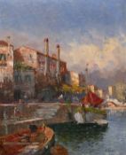 Early 20th century, a view of barges at a continental quayside, oil on canvas, indistinctly