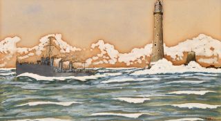 W. J. Lewis (20th Century) A scene of a battleship leaving port, watercolour, signed and dated, 8