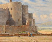 Roger Corfe (1912-2004) British, figures and the dog resting by a castle with a coastal landscape